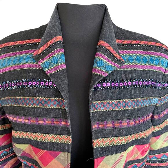 Coldwater Creek Open Front Cotton Blazer Geometric Stripes Beads Sequins Sz 12 - Picture 2 of 11